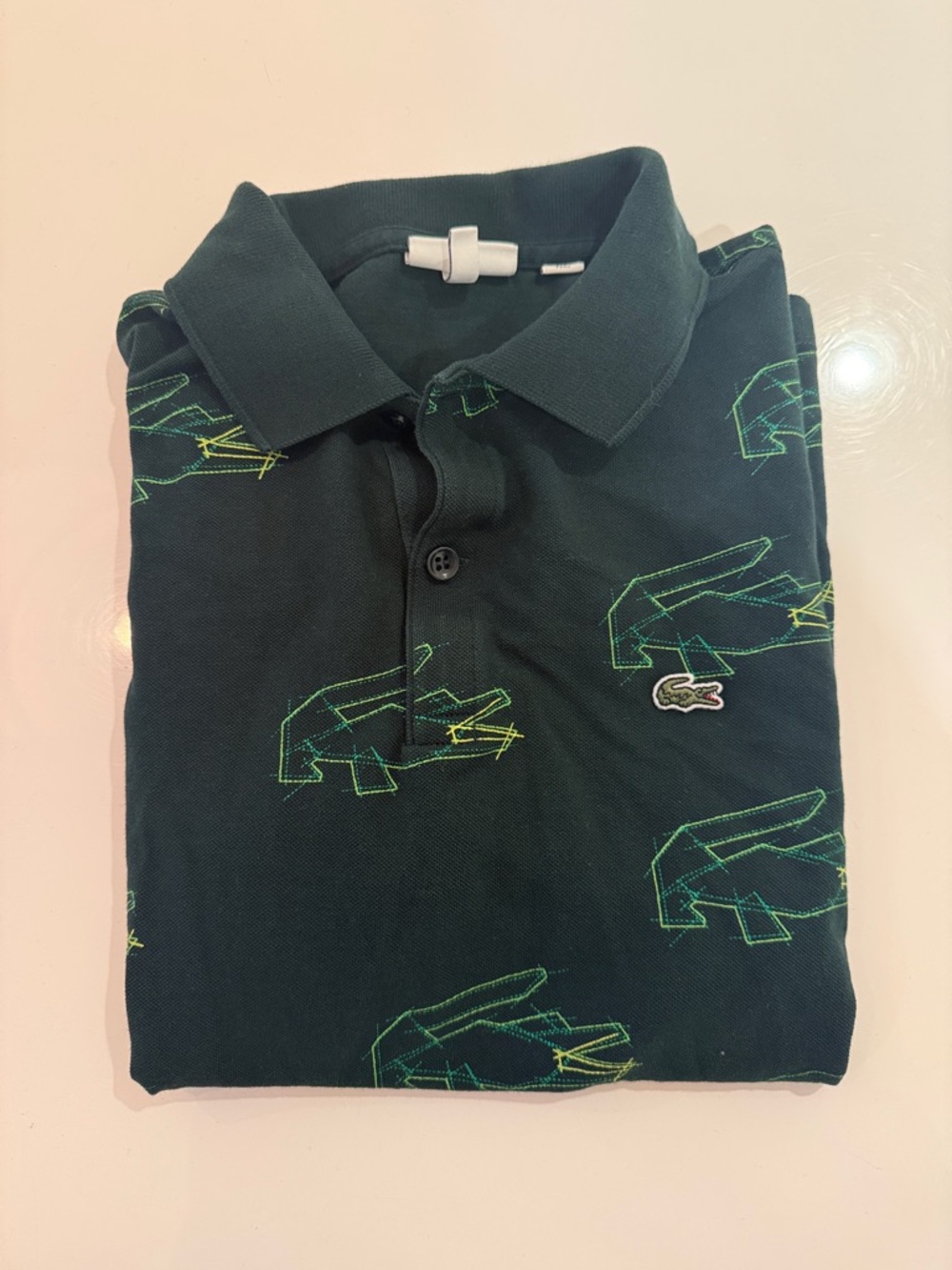 Lacoste Forest Green Polo with Neon Green Croc Motifs